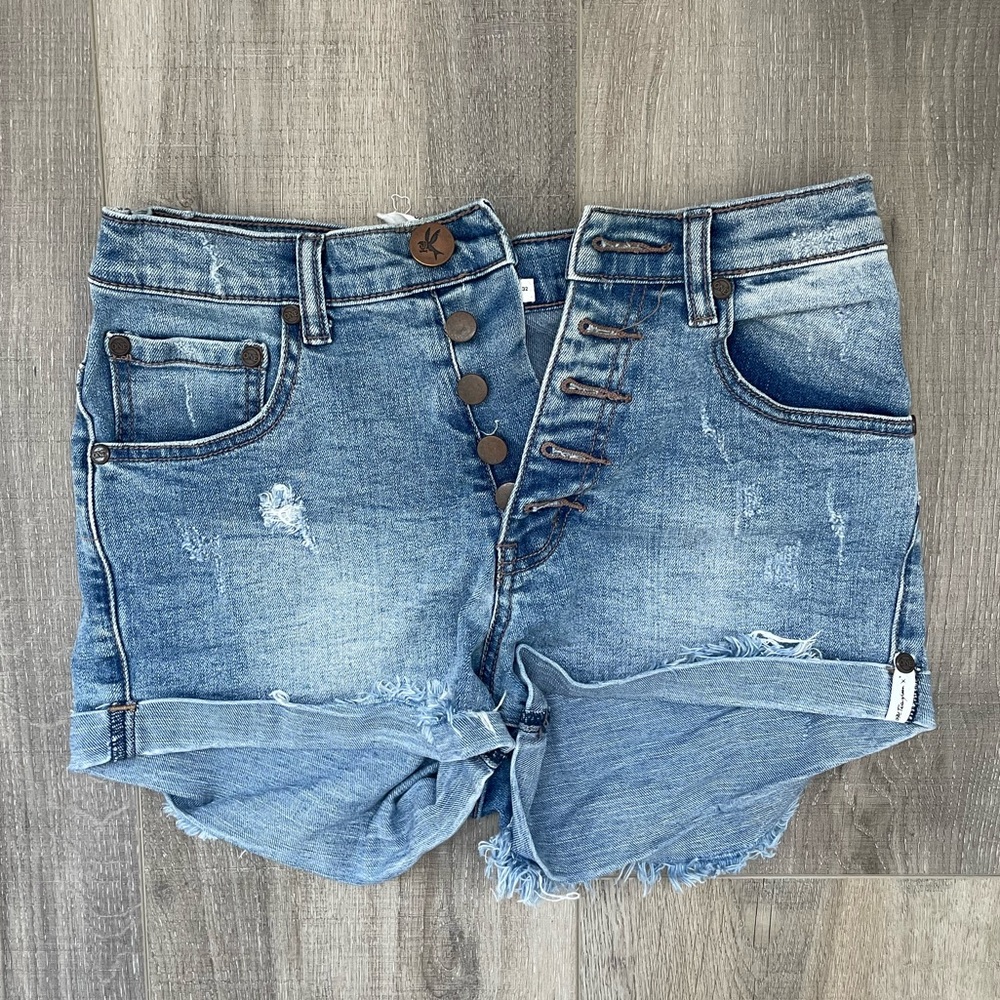 One X One Teaspoon high rise button up distressed denim shorts